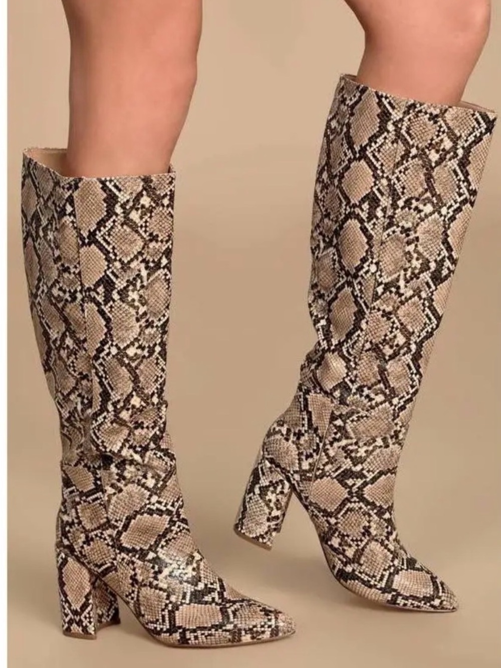 Jeffrey Campbell Beige Snake-Print Knee Boots cool girl festival elevated chic